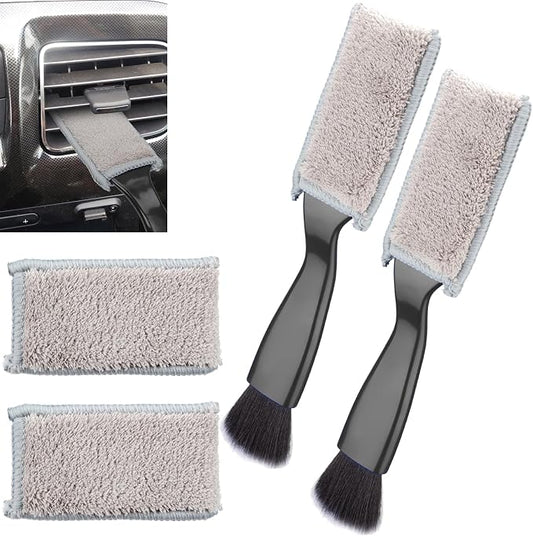 BFXM 2PCS Double Head Brush for Car Clean, Car Accessories Universal 2 in 1 Car Detailing Brush, Double Ended Portable Dust Brush with 4 Cleaning Cloth, for Air Conditioner Outlets, Dashboard Screen