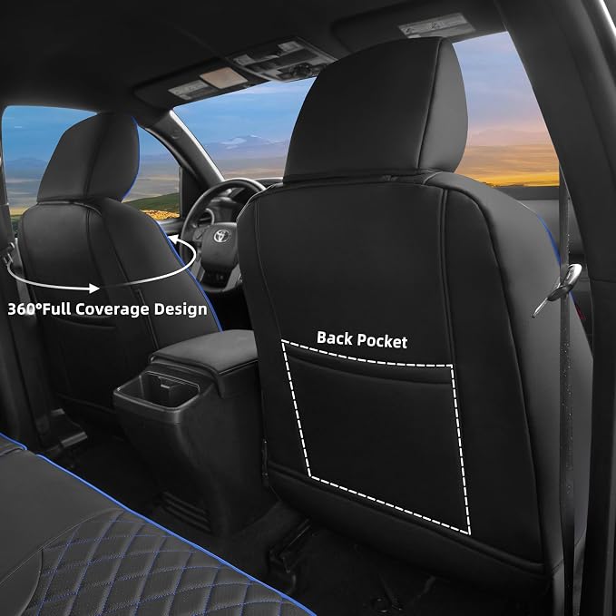 Lolcar Custom Fit Tacoma Car Seat Covers for Select Toyota Tacoma (Petrol) 2024 2025 2026 Double cab SR,SR5,TRD Sport,TRD Off-Road,Limited -Full Set,Leather(Blue Grid)