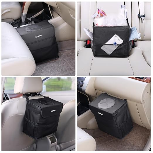 Ryhpez Car Trash Can with Lid - Car Accessories for Women Men, Vehicle Trash Bin Storage Bag, Truck Garbage Can Foldable with Metal Rack Support for Back Seat Hanging (2.4 Gallon/9L)