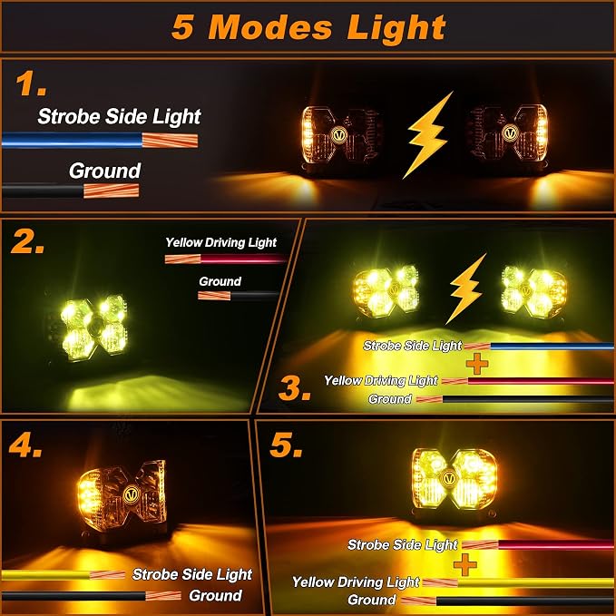 MOVOTOR Amber Side Shooter LED Pods Solid Strobe Lights for Truck ATV 4X4 | IP68 Waterproof,Combo Beam + Amber Side Shooter,Solid(DRL/Turn) & Strobe(Warning),Alum Housing,Fit Jeep/SUV/UTV