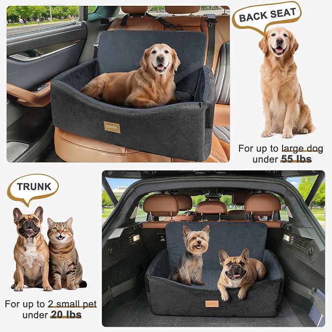 Dog Car Seat for Large Medium Sized Dogs Under 55 lbs, Dog Booster Seat for 2 Small Dogs with Detachable Washable Cover and Cushion, Memory Foam Pet Car Seat with 2 Safety Belts and Storage Pockets