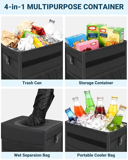 Capolo Car Trash Can with Lid, Leakproof Car Trash Bag Hanging Waterproof Automotive Garbage Can with Storage Pockets Mini Vehicle Trash Bin for Back/Front Seat(Black,3 Gallon)