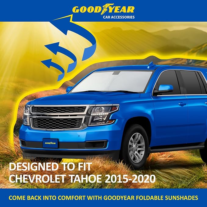 Goodyear Foldable Windshield Sunshade for Chevrolet (Chevy) Tahoe 2015-2020, SUV car Accessories, Sunshade Cover, Sun Shade Car Windshield, Window Sun Blocker - GY008334