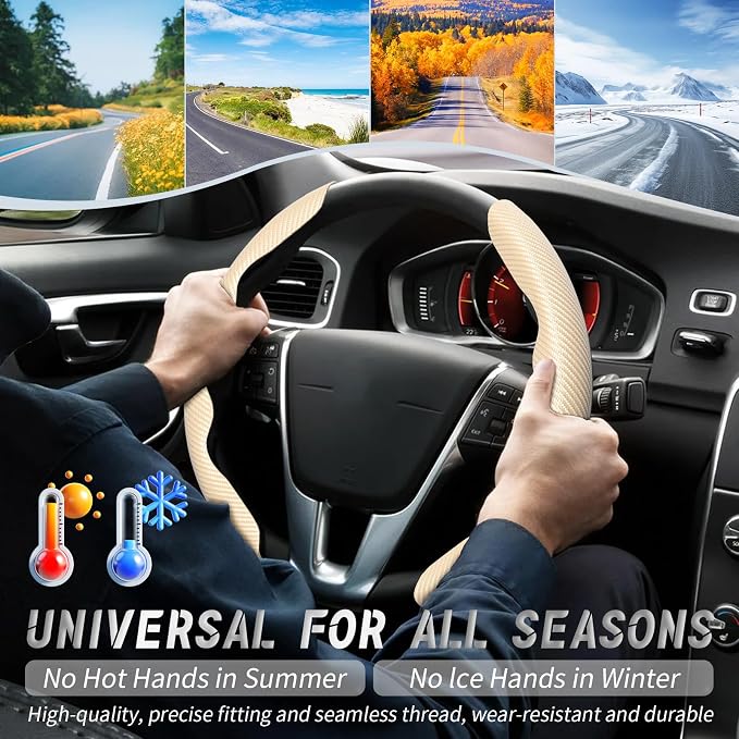 WOCOCN 2pcs Car Steering Wheel Cover,Anti-Skid Carbon Fiber Steering Wheel Protector for Men Women,Multiple Color Options,Universal for Most Car Interiors Accessories (Beige)