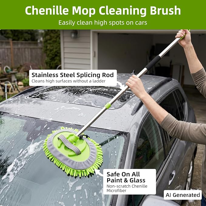 62" Car Wash Brush with Long Handle, Car Wash Kit Include Microfiber Cleaning Mop, Wheel Brush, Windshield Window Squeegee, Towel, Detail Brush, Storage Bag, for Cleaning Cars, RV, Truck, Boat