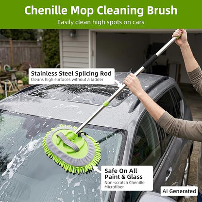 62" Car Wash Brush with Long Handle, Car Wash Kit Include Microfiber Cleaning Mop, Wheel Brush, Windshield Window Squeegee, Towel, Detail Brush, Storage Bag, for Cleaning Cars, RV, Truck, Boat