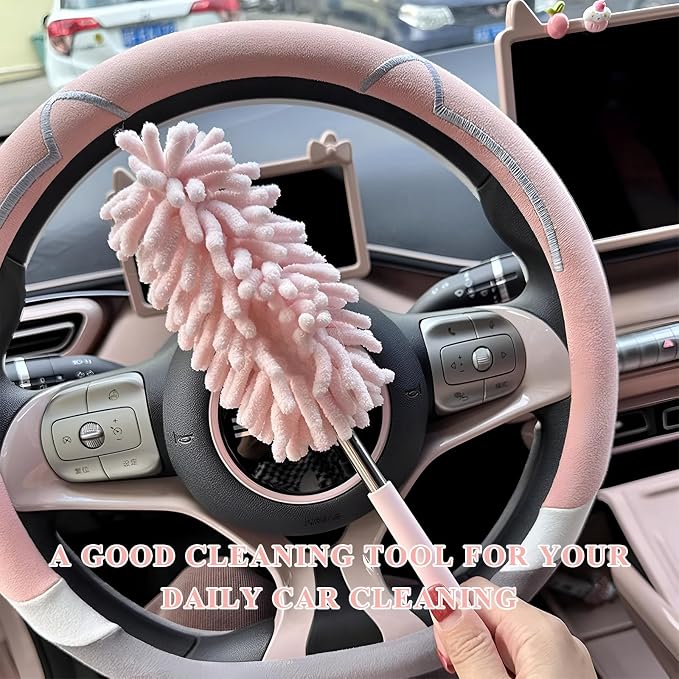 2PCS Car Interior Duster with Extension Pole, 11.8" to 30.5" Retractable Dusters Auto Dash Cleaning Tool, Soft Chenille Hand Washable Dusters for Car Window Furniture Office (Khaki)