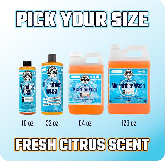Chemical Guys Microfiber Wash Detergent, Concentrated, Fresh Citrus, 64 oz | Microfiber-safe concentrate for towels, mitts, and pads; lifts dirt, grease, and wax, restores softness, no softener needed