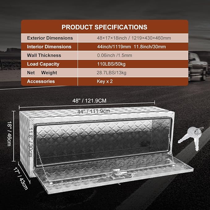 VEVOR Underbody Truck Box, 48"×17"×18" Pickup Storage Box, Heavy Duty Aluminum Diamond Plate Tool Box with Lock and Keys, Waterproof Trailer Storage Box with T-Handle Latch for Truck, Van, Trailer