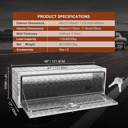 VEVOR Underbody Truck Box, 48"×17"×18" Pickup Storage Box, Heavy Duty Aluminum Diamond Plate Tool Box with Lock and Keys, Waterproof Trailer Storage Box with T-Handle Latch for Truck, Van, Trailer