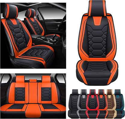 OASIS AUTO Car Seat Covers Full Set, Sporty Faux Leather with Honeycomb Pattern, Waterproof Universal Fit for SUV, Sedan, Pick-up Truck, Automotive Interior Accessories (OS-004 Black&Orange)