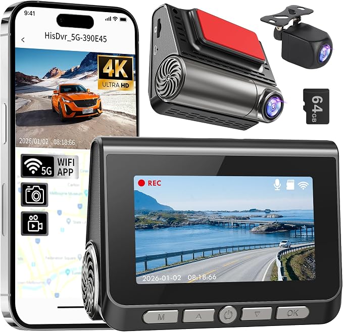 Dash Cam, 4K+2K Full HD Dash Cam Front and Rear, Dash Camera for Cars with Built-in 5GWiFi, 3.0” IPS Screen Dashcam, with 64GB Card, Night Vision, Loop Recording, G-Sensor, Parking Mode, Black