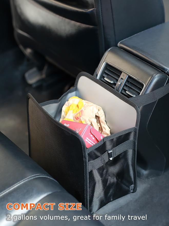 Ginsco 2 Gallons Open-Top Car Trash Can, Hanging Leakproof Car Trash Bag with Water-proof PEVA Liner, Stand Trash Bag for Cars Foldable Automotive Garbage Can for Cars SUV Truck RV Black