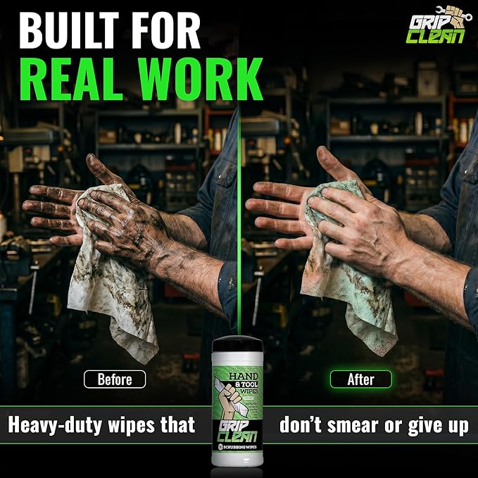 Grip Clean Heavy Duty Hand & Tool Cleaning Wipes – Waterless Hand Cleaner for Mechanics, Garage & Shop Use – Dual-Sided Grease, Oil & Paint Remover Wipes with Citrus Scent - 30ct