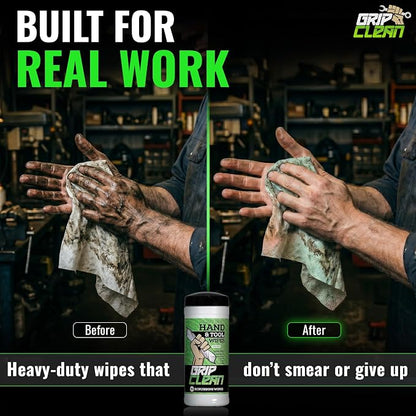 Grip Clean Heavy Duty Hand & Tool Cleaning Wipes – Waterless Hand Cleaner for Mechanics, Garage & Shop Use – Dual-Sided Grease, Oil & Paint Remover Wipes with Citrus Scent - 30ct (6 Pack)