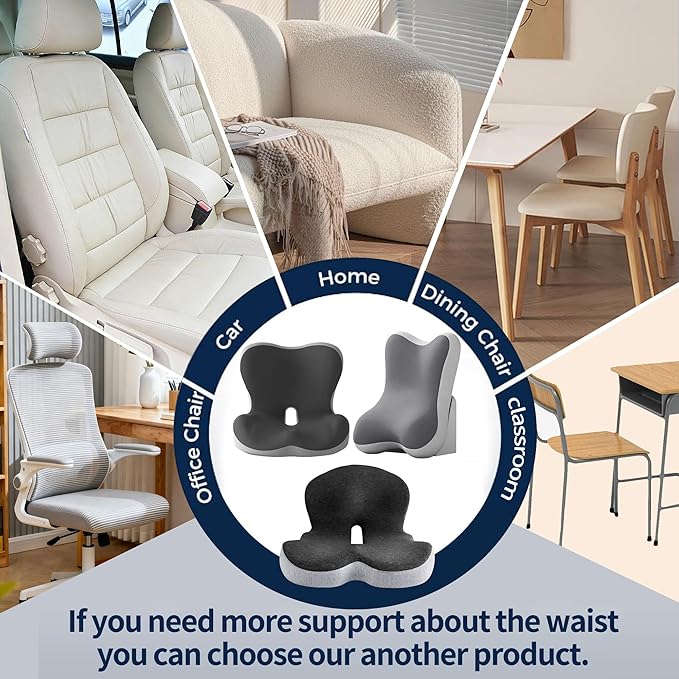 Ergonomic Memory Foam Seat Cushion, Lumbar Support Non Slip for Truck Driver Long Driving Office Chair Back Tailbone Pain Relief Grey