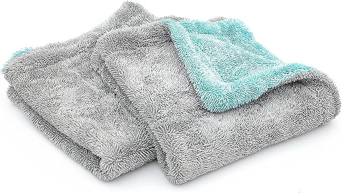 The Rag Company, The Liquid8r, Absorbent 70/30 Blend Microfiber Drying Towel for Cars, Trucks, and SUVs, Safe for Detailing, Scratch-Free, Twist Loop, 1100 GSM, 16x16 Inches, Aqua Blue/Grey, 2-Pack