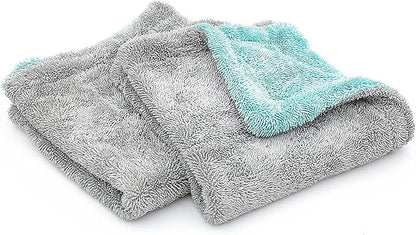 The Rag Company, The Liquid8r, Absorbent 70/30 Blend Microfiber Drying Towel for Cars, Trucks, and SUVs, Safe for Detailing, Scratch-Free, Twist Loop, 1100 GSM, 16x16 Inches, Aqua Blue/Grey, 2-Pack