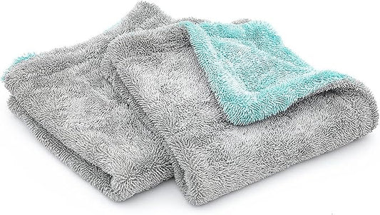 The Rag Company, The Liquid8r, Absorbent 70/30 Blend Microfiber Drying Towel for Cars, Trucks, and SUVs, Safe for Detailing, Scratch-Free, Twist Loop, 1100 GSM, 16x16 Inches, Aqua Blue/Grey, 2-Pack