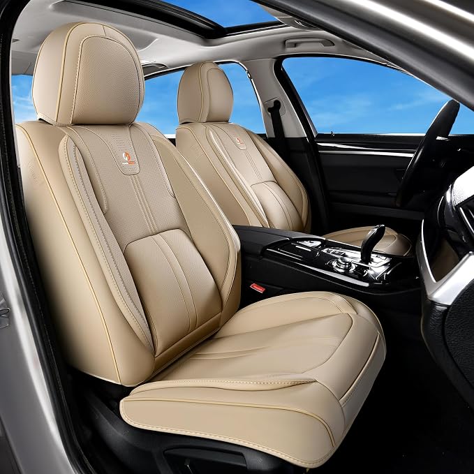 Huidasource Beige Front Seat Cover Luxury Nappa Leather, Front Car Seat Cover with Airbag, Front Storage Pocket, Lumbar Support, Cooling＆Heating, Universal Fit for Most Cars SUV Trucks, Beige
