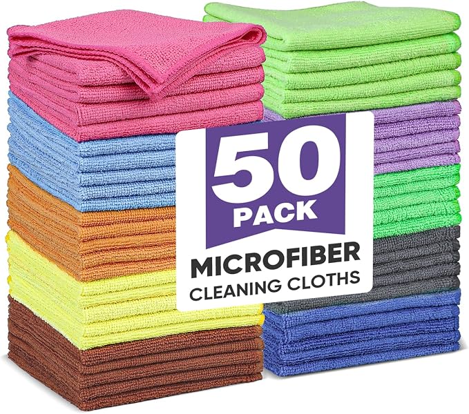 TEAWOO 10 Colors Microfiber Cleaning Cloths, 50 Pack Assorted Cleaning Rags, Highly Absorbent Microfiber Towels for Car, Kitchen, Bathroom and Household Cleaning, 11.8"X11.8"