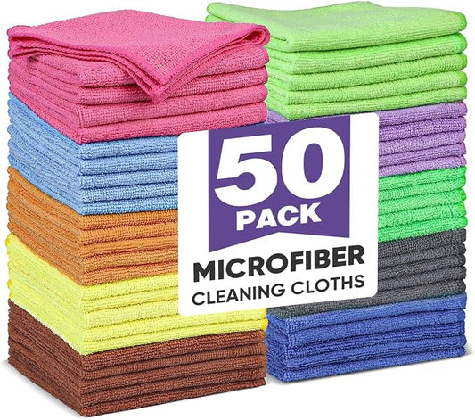 TEAWOO 10 Colors Microfiber Cleaning Cloths, 50 Pack Assorted Cleaning Rags, Highly Absorbent Microfiber Towels for Car, Kitchen, Bathroom and Household Cleaning, 11.8"X11.8"