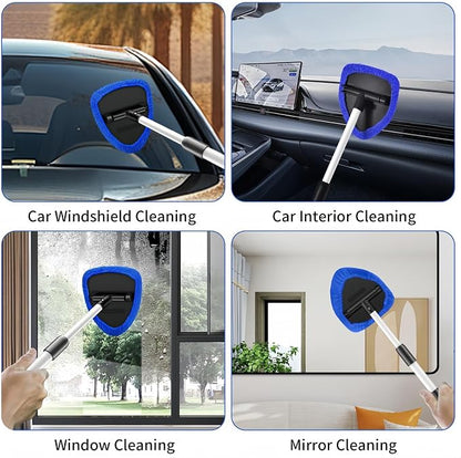 Windshield Cleaning Tool, Extendable Handle Car Window Cleaner with 5 Reusable and Washable Microfiber Pads, Auto Glass Wiper Kit for Interior & Exterior, Ideal for Dirty Car Windows (Blue)