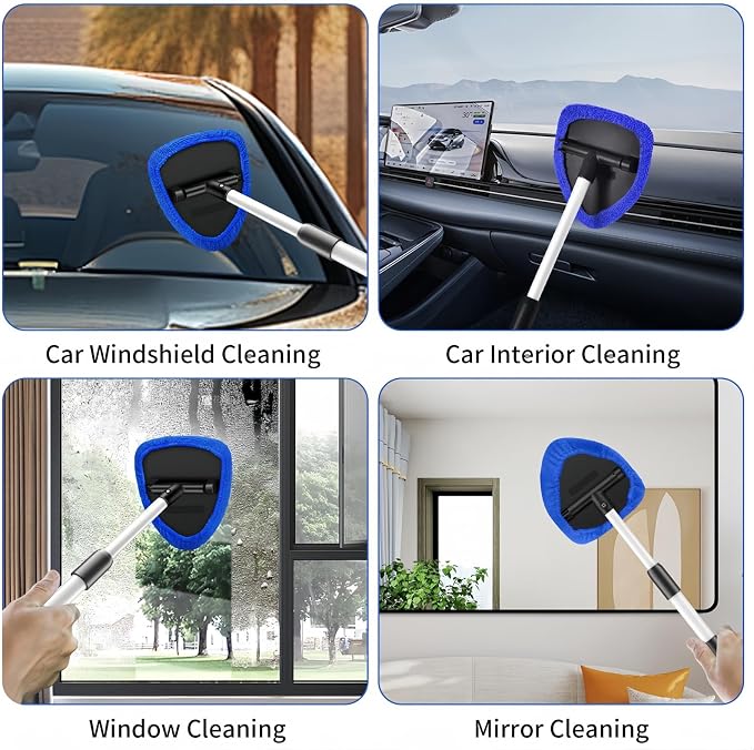 Windshield Cleaning Tool, Extendable Handle Car Window Cleaner with 5 Reusable and Washable Microfiber Pads, Auto Glass Wiper Kit for Interior & Exterior, Ideal for Dirty Car Windows (red)