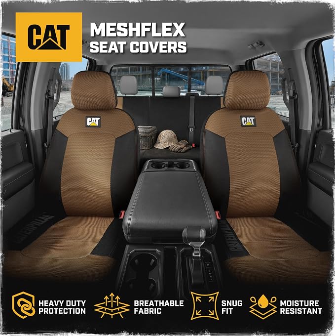 CAT MeshFlex Seat Covers Full Set for Full-Size Pickup Trucks Only - Beige | Front Bucket Seat Covers & 60/40 Split Rear Bench Protector – Interior Accessories For F-150, Silverado, Ram, Sierra & Tundra