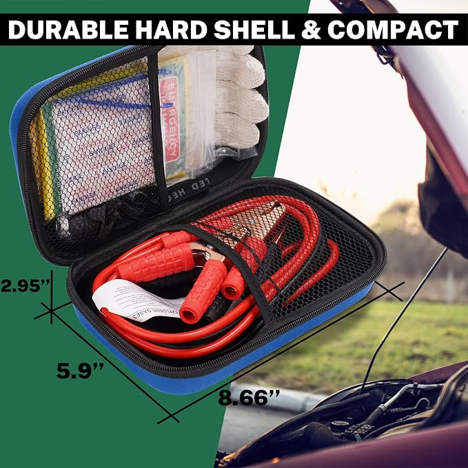 Car Roadside Emergency Kit with Battery Jumper Cables,Car Accessories for Men or Women,Automotive Safety Kit for Car,Vehicle, Truck or SUV,Gifts for Men or Him, Blue