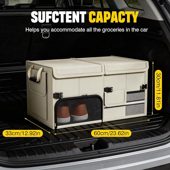 Foldable Car Trunk Organizer with Multi-Compartment – Expandable 30-60L Storage Bin, Side Mesh Pockets, Waterproof 600D Oxford Cloth, Car Accessories for SUV/Truck/Sedan, Beige, 23.6"x13.0"x11.8"