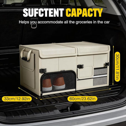 Foldable Car Trunk Organizer with Multi-Compartment – Expandable 30-60L Storage Bin, Side Mesh Pockets, Waterproof 600D Oxford Cloth, Car Accessories for SUV/Truck/Sedan, Beige, 23.6"x13.0"x11.8"