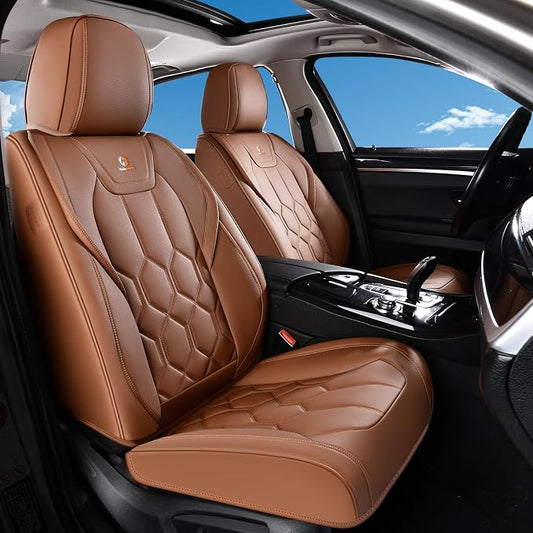 Huidasource Front Seat Covers, Universal Fit for Most Cars SUV Trucks, Full Coverage Leather Seat Cover, Airbag Compatble, Seat Function Retain, Storage Pocket Design, Easy to Install, Brown