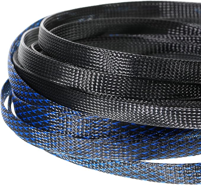 Xuniea 96ft Wire Loom Braided Cable Sleeve Covers Cord Management with 127 Pcs Tube Heat Shrinkable for Audio Video Cable Cord Protectors from Pets(1/2, 1/4, 3/8 Inch,Black and Blue)