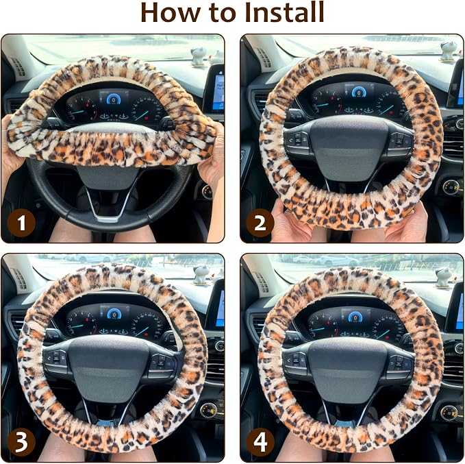Accmor Fluffy Car Steering Wheel Cover, Universal Fuzzy Wheel Cover 14 1/2-15 & Handbrake Cover & Gear Shift Cover Set, Anti-Slip Leopard Warm Fur Vehicle Wheel Protector Car Accessories for Men Women