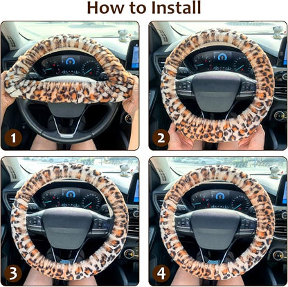Accmor Fluffy Car Steering Wheel Cover, Universal Fuzzy Wheel Cover 14 1/2-15 & Handbrake Cover & Gear Shift Cover Set, Anti-Slip Leopard Warm Fur Vehicle Wheel Protector Car Accessories for Men Women