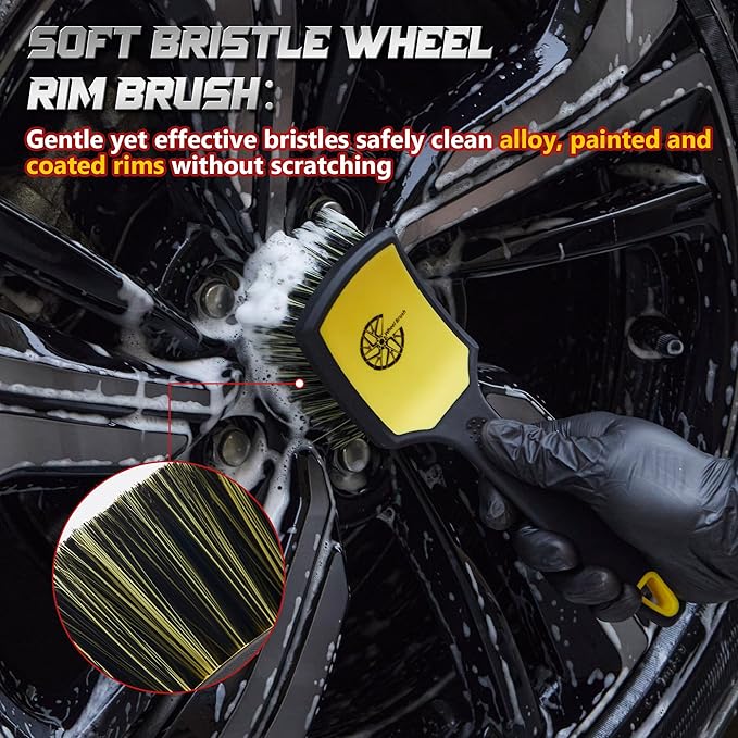 BMLEI Wheel & Tire Brush Set, 2 Pack Car Wheel Brush & Tire Cleaner Brushes, Soft Bristle Rim Brush and Stiff Tire Scrub Brush, Scratch-Free Wheel Cleaning Kit for Car Detailing, Trucks, SUVs
