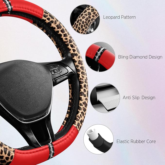 Road Comforts Leopard Steering Wheel Cover for Women, Cute Anti-Slip Microfiber Leather, Fits D Shape Flat Bottom Steering Wheel 14.5-15 Inch - Red