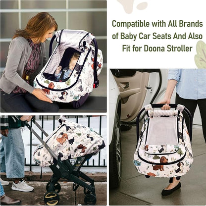 Waterproof Baby Car Seat Cover，YVMVDV Patented Cold Weather Carseat Cover for Babies,Infant Car Seat Cover Canopy for Boy Girls, Keeps Babies Warm and Cozy (Cute Dog)