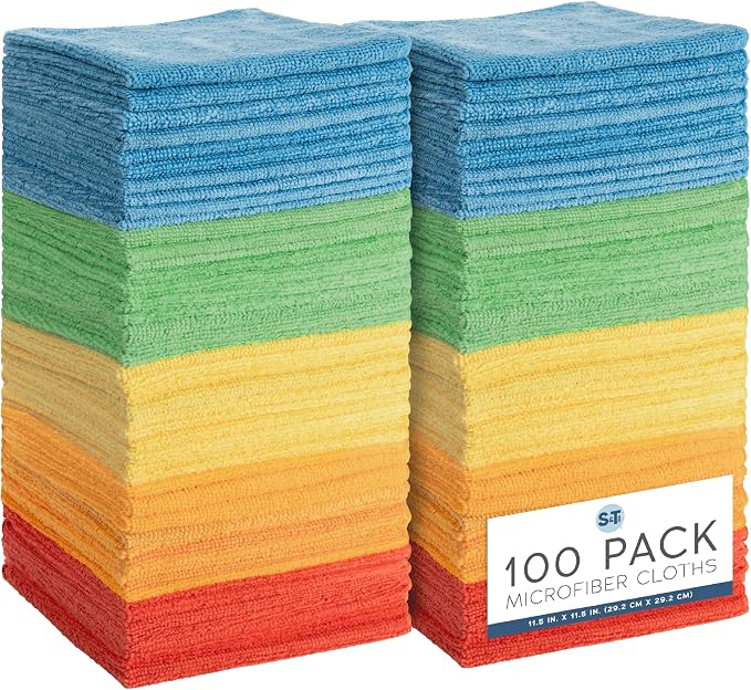 S&T INC. 100 Pack Microfiber Cleaning Cloth, Bulk Towels for Home, Reusable Microfiber Towels for Cars, Cleaning Rags, Assorted, 11.5 Inches x 11.5 Inches, 100 Count