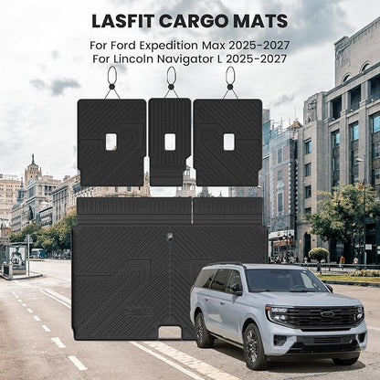 LASFIT Floor Mat with Backrest Mat Ford Expedition Max & Lincoln Navigator L 2025 2026 2027(fit 7 and 8 Seats),Costom Fit All Weather Protection TPE Easy Clean Cargo Liners,4pcs,Black