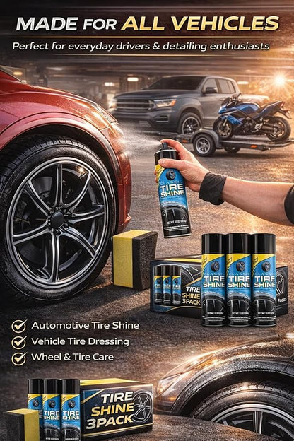 Tire Shine Spray 3 Pack High Gloss Wet Look UV Protection 15oz w/Pad | Professional-grade formula resists water and rain. Safe for all rubber types. Prevents cracking and fading from sun damage.