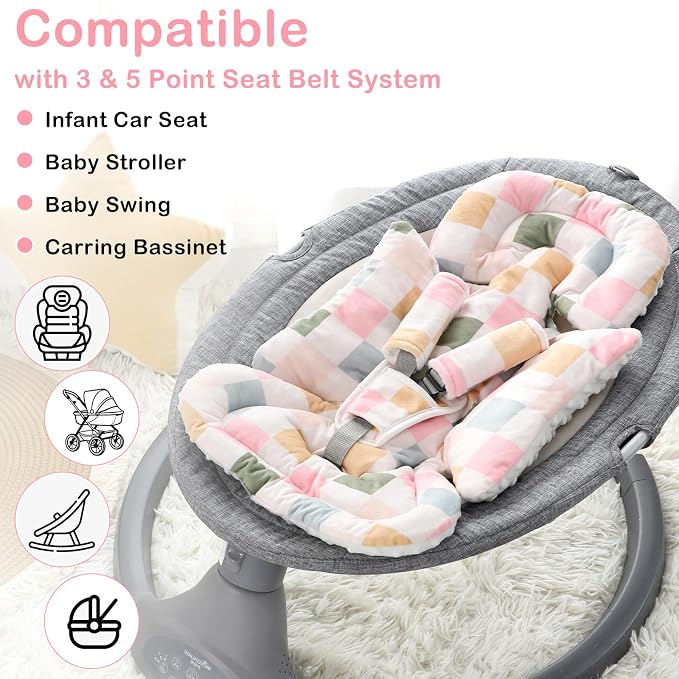 DILIMI Infant Car Seat Insert, Baby Car Seat Head Support with 3 Strap Paddings, Soft Newborn Car Seat Cushion for Stroller, Swing, Bouncers, Colorful Checkered