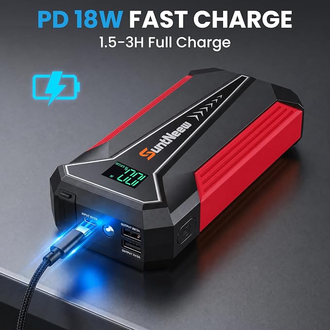Jump Starter Power Bank 8000mAh (Up to 6.5L Petrol/5.0L Diesel),12V Battery Booster for Cars, Trucks, SUVs & Motorcycles,Compact Design with LED Light & PD 18W USB -Red