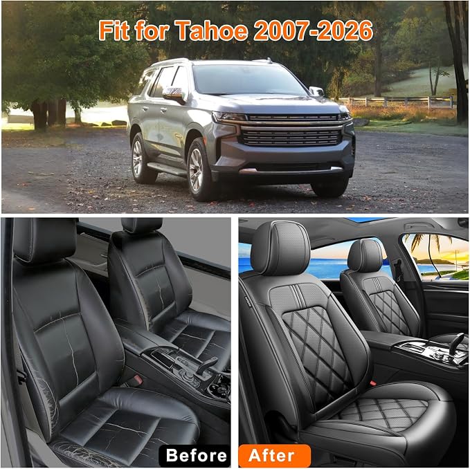 Tahoe Car Seat Covers Fit for Chevrolet/Chevy Tahoe 2011-2025 2026, Full Coverage Leather Waterproof Breathable Seat Covers, Automotive Seat Protectors, Airbag Compatible, (Full Set, Black