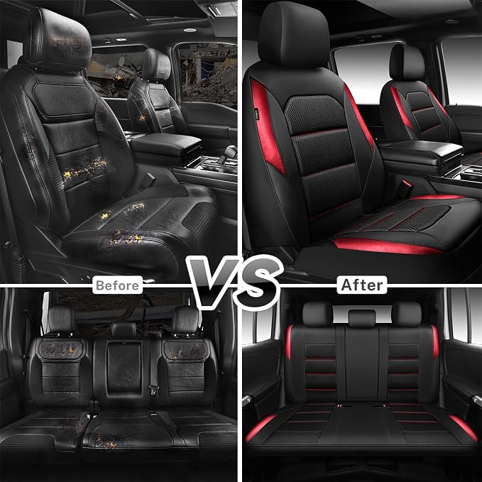 CAR PASS Memory 3D Foam Car Seat Covers Full Set, Breathable Mesh Thick Seat Covers for Car, Red Metal Film Leather Seat Covers, Universal Automotive Comfort for SUVs Trucks, Black Red