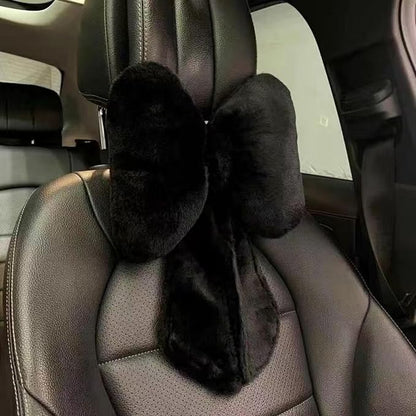 Car Neck Pillow Plush Bowknot Car Headrest Pillow Comfortable Neck Support for Driving Soft Touch Fabric Car Pillow Cute Interior Decor (Black-1Pcs)