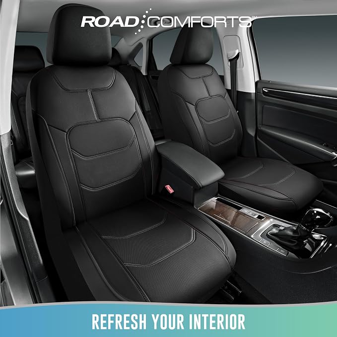 Road Comforts Seat Covers, Premium Leather Car Seat Covers Front Seats,Airbag Compatible, Automotive Seat Covers Universal Fit Most Cars,Vans,Truck,SUV Black