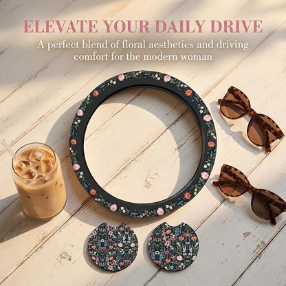 Wildflower Car Steering Wheel Cover + 2 Pieces Car Coasters 15 Inch | Multicolor Wildflower Steering Wheel Cover Anti-Slip Breathable Universal for Suitable for Men Women