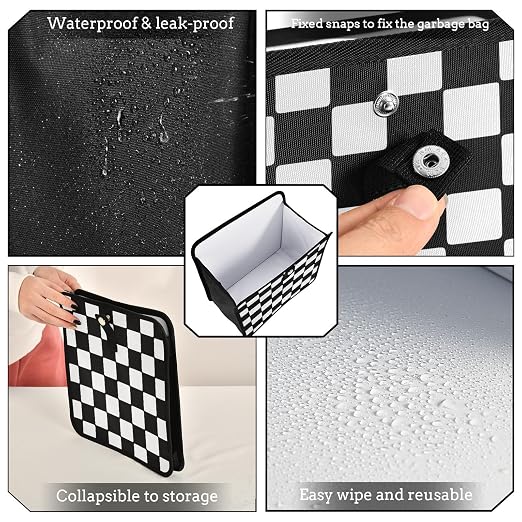 Car Trash Can Car Organizer Car Garbage Can with Adjustable Strap for Back Front Seat Console Waterproof Leakproof Collapsible Portable 8.66 Inch Checkerboard
